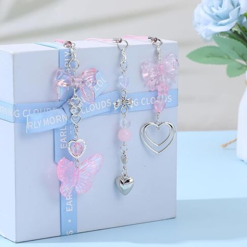 3 Pcs Pink Phone Charm, Aesthetic Y2K Cellphone Charms Pink Butterfly Heart Shape Phone Wrist Strap for Bag Keychain Camera Purse Decor in Saudi Arabia