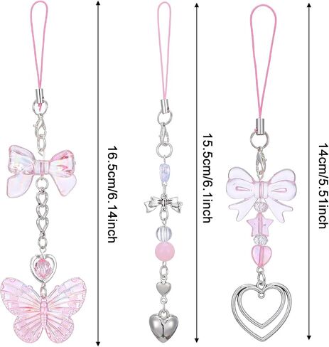 3 Pcs Pink Phone Charm, Aesthetic Y2K Cellphone Charms Pink Butterfly Heart Shape Phone Wrist Strap for Bag Keychain Camera Purse Decor in Saudi Arabia
