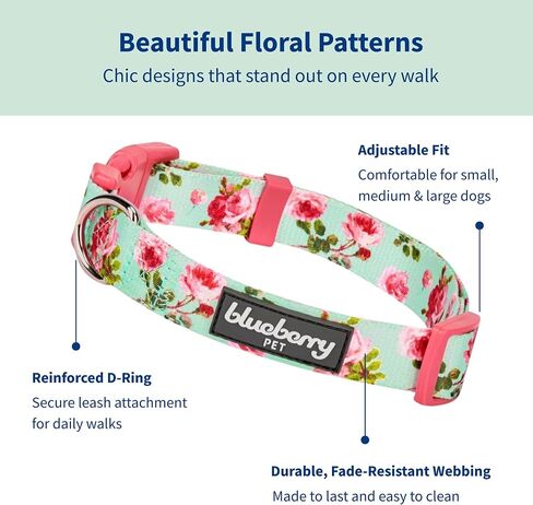 Blueberry Pet Dog Collar - Turquoise Floral Rose Print, Adjustable for Small Dogs, Neck 12"-16", Pink Puppy Collar with Eco-Friendly Buckles, Ideal Small Dog Collars for Female Dogs in Saudi Arabia
