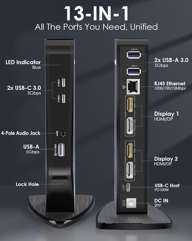 Wavlink USB C Docking Station Monitor Dual Monitor ، Dual 5K/4K@60Hz Displaylink Station for M1/M2/M3/M4 MAC أو Windows ، Dock كمبيوتر محمول 13-in-1 مع 2x HDMI ، 2x DP ، 130WPD ، Gigabit Ethernet ، 5x USB ، AUDIO in Kuwait