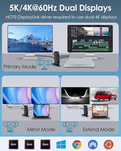 Wavlink USB C Docking Station Monitor Dual Monitor ، Dual 5K/4K@60Hz Displaylink Station for M1/M2/M3/M4 MAC أو Windows ، Dock كمبيوتر محمول 13-in-1 مع 2x HDMI ، 2x DP ، 130WPD ، Gigabit Ethernet ، 5x USB ، AUDIO in Kuwait
