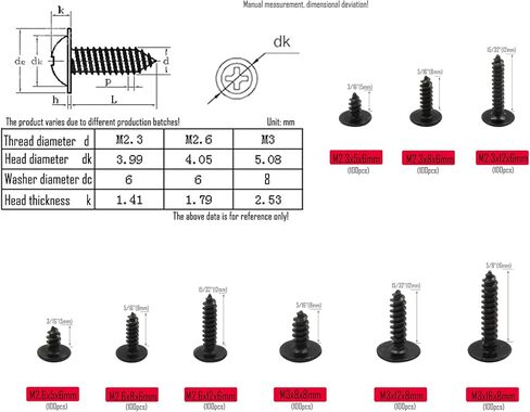 900pcs M2.3 M2.6 M3 Truss Head Self Tapping Screws, Wafer Head Screws, Pan Head with Washer Screw 9 Sizes Self Tapping Screws Assortment Kit, Carbon Steel (Blacking) in Saudi Arabia