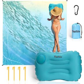 بطانية شاطئية ، حصيرة شاطئية مقاومة للرمال مع حصص ووسادة تخييم قابلة للنفخ ، 79 "× 83" تجفيف سريع ودائم في الهواء الطلق مع 4 جيوب زاوية للتخييم على الشاطئ in Kuwait