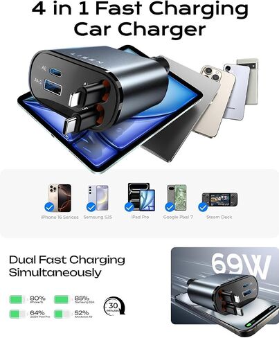 شاحن السيارات القابل للسحب ليزن [47.24 بوصة 69W محول ملحقات USB C] لجهاز iPhone 16 USB C ، شاحن سيارة سريع السحب 4 في 1 ، لـ iPhone 16 Pro Max 15 14 13 12 Pro Plus Mini in Kuwait