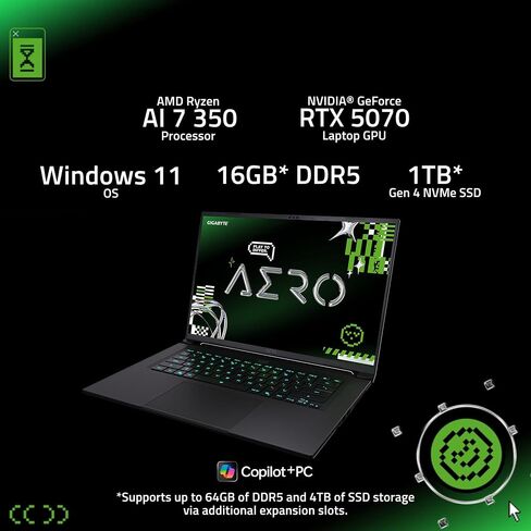 GIGABYTE AERO X16, Copilot+ PC - 165Hz 2560x1600 WQXGA - Manufactured by NVIDIA GeForce RTX 5070 - AMD Ryzen AI 9 HX 370-1TB SSD with 32GB DDR5 RAM - Windows 11 Home - Space Gray - 2WHA3USC64AH in Saudi Arabia