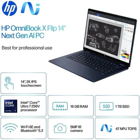 HP OmniBook X Flip 2-in-1 Laptop,14" 2K Touch-Screen Laptop Computer,Intel Core Ultra 7, Arc 140V GPU Copilot+ PC,16GB RAM 1TB SSD,Thunderbolt 4,with Lifetime Office,Win 11 Home,Atmospheric Blue in Saudi Arabia