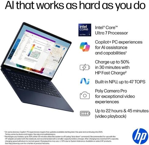 HP OmniBook X Flip 2-in-1 Laptop,14" 2K Touch-Screen Laptop Computer,Intel Core Ultra 7, Arc 140V GPU Copilot+ PC,16GB RAM 1TB SSD,Thunderbolt 4,with Lifetime Office,Win 11 Home,Atmospheric Blue in Saudi Arabia
