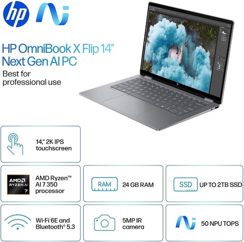 HP 2025 New Envy X360 2-in-1 Laptop ، Omnibook X Flip 14 "شاشة تعمل باللمس 2K ، AMD RYZEN AI 7 350 ، 24GB LPDDR5X RAM in Saudi Arabia