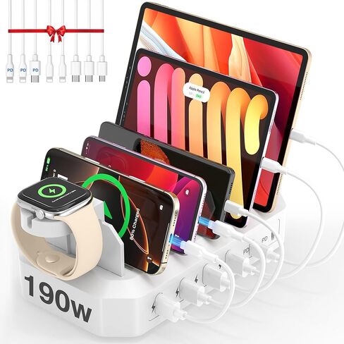 190W Fast Charging Station for Multiple Devices【Certified Safer Charging】 6 Port USB Charger Station - Family Multi-Device Organizer Charging Dock Compatible with iPhone/Android/MacBook/iPad/Tablet in Saudi Arabia