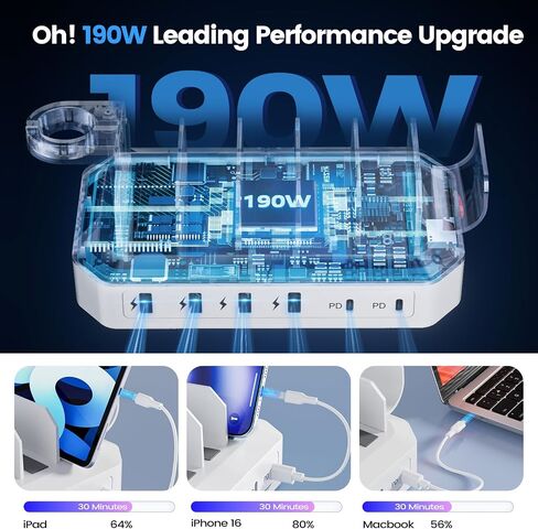 190W Fast Charging Station for Multiple Devices【Certified Safer Charging】 6 Port USB Charger Station - Family Multi-Device Organizer Charging Dock Compatible with iPhone/Android/MacBook/iPad/Tablet in Saudi Arabia