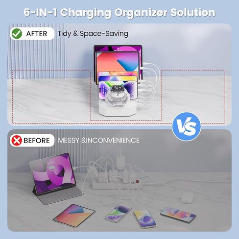 190W Fast Charging Station for Multiple Devices【Certified Safer Charging】 6 Port USB Charger Station - Family Multi-Device Organizer Charging Dock Compatible with iPhone/Android/MacBook/iPad/Tablet in Saudi Arabia