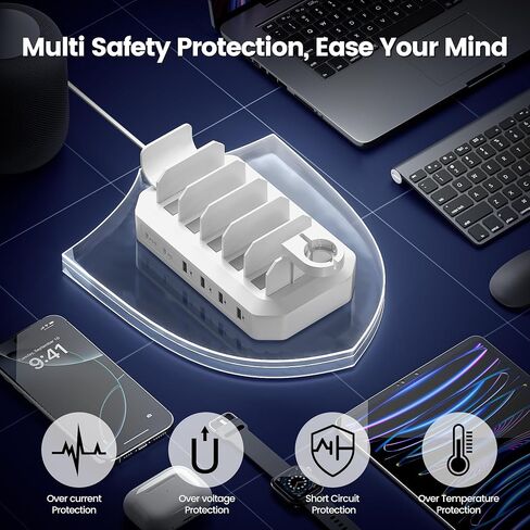 190W Fast Charging Station for Multiple Devices【Certified Safer Charging】 6 Port USB Charger Station - Family Multi-Device Organizer Charging Dock Compatible with iPhone/Android/MacBook/iPad/Tablet in Saudi Arabia