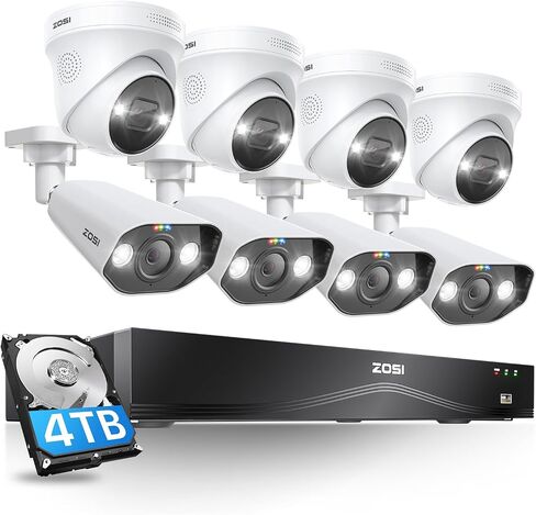 ZOSI 32CH 4K PoE Security Camera System with Person/Vehicle Detection,12x 8MP Indoor Outdoor Dome Cameras,2 Way Audio,Color Night Vision,16Port 32Channel NVR with 4TB HDD for 24/7 Business Recording in Kuwait