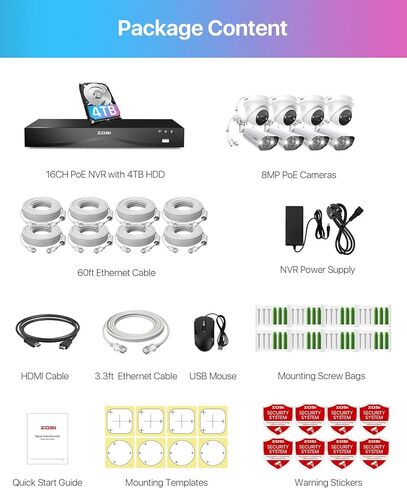 ZOSI 32CH 4K PoE Security Camera System with Person/Vehicle Detection,12x 8MP Indoor Outdoor Dome Cameras,2 Way Audio,Color Night Vision,16Port 32Channel NVR with 4TB HDD for 24/7 Business Recording in Kuwait