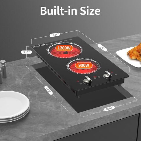 2 Burner Electric Cooktop - أعلى الموقد الكهربائي 12 بوصة مع قابس ، و 2100 واط شعلات كونترتوب وأعلى موقد مدمج ، و 9 مستويات من الطاقة ، والتحكم في المقبض ، وقفل سلامة الموقت والطفل ، وتحذير من الحرارة المتبقية in Kuwait