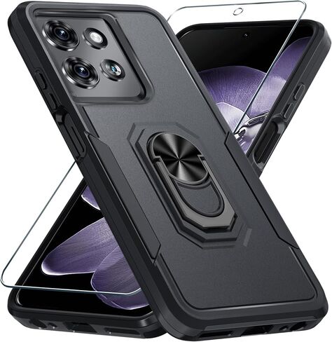 Janmitta متوافق مع Motorola Moto G 2025 العلبة مع واقي الشاشة ، وغطاء واقٍ من الصدمات الثقيلة ، بنيت في حامل حلقة معدنية قابلة للدوار ، أسود غير لامع in Kuwait