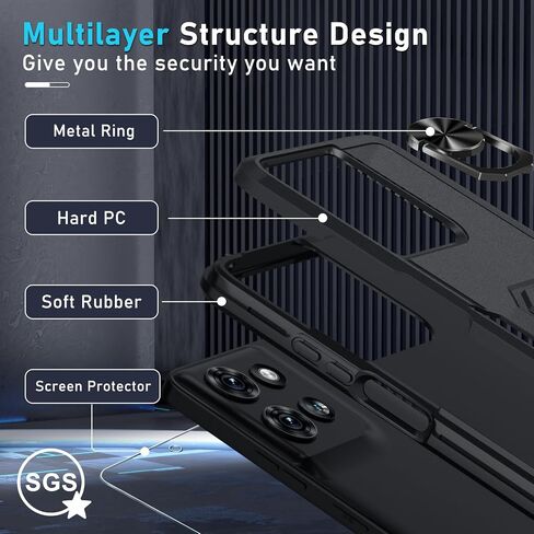 Janmitta متوافق مع Motorola Moto G 2025 العلبة مع واقي الشاشة ، وغطاء واقٍ من الصدمات الثقيلة ، بنيت في حامل حلقة معدنية قابلة للدوار ، أسود غير لامع in Kuwait