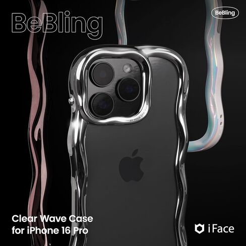 iFace BeBling iPhone 16 Pro Wave Phone Case [Fashion Mirror Chrome Design, Reflective Metallic Shine, Shockproof, Camera Protection] Stylish Gift for Trendsetters – Black in Kuwait