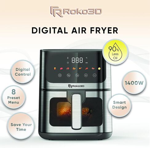 Glass Air Fryer Non Toxic ROKO 3D 4.5 Quart | Innovative Technology For Easy Cooking without Oil | Deep Fry, Bake, Roast Diet Meals | Diswasher Safe, Timer Settings, Led Panel, White Design in Saudi Arabia