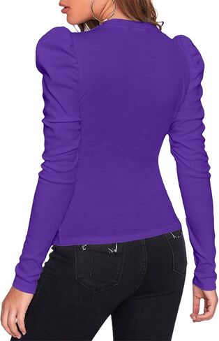Remidoo Women's Solid Round Neck Puff Long Sleeve Slim Fit T Shirt Tops in Kuwait