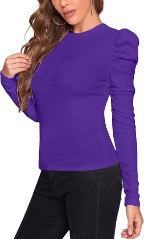 Remidoo Women's Solid Round Neck Puff Long Sleeve Slim Fit T Shirt Tops in Kuwait