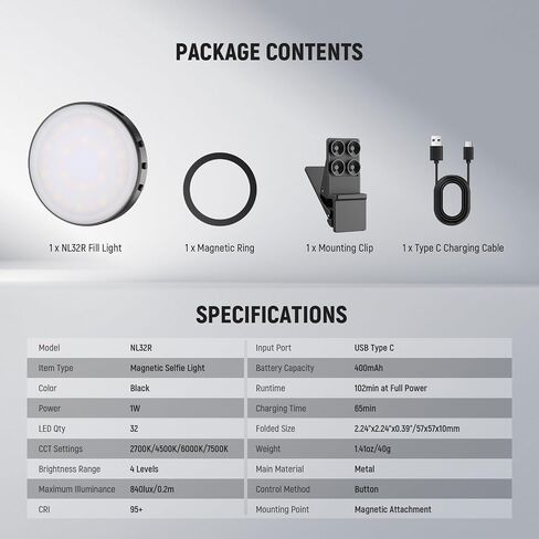 إصدار مستوى دخول NEWER ، ضوء صورة شخصية مغناطيسية متوافقة مع Magsafe iPhone ، 1W مقطع على LED Metal LED Fill Fill Fill For For Captop Video Conference Recording ، CRI95+ 840LUX/0.2M ، NL32R in Kuwait