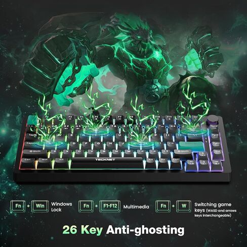 TECKNET Gaming Keyboard, 75% Wired Keyboard, RGB Backlit, 82-Keys with Volume Knob Control, 26 Keys Anti-ghosting, Whisper Quiet Gaming Switch Travel Friendly for Windows Laptop PC Mac-Grey in Kuwait