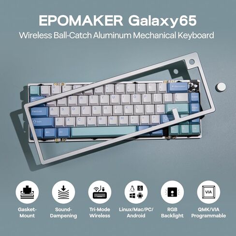 Epomaker Galaxy65 اللاسلكي QMK/عبر لوحة المفاتيح الميكانيكية ، لوحة مفاتيح مخصصة للألومنيوم المخلصة بالحيوية ، مفتاح قابلة للتبديل مسبقًا ، إضاءة خلفية RGB ، مقبض دوار ، 2.4 جيجا هرتز/BT/Type-C (الفضة) in Kuwait