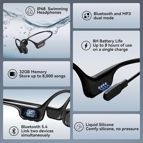 Full-Coverage Liquid Silicone Swimming Headphones, IP68 Waterproof Underwater Headphones, Bluetooth 6.0&MP3 with 32GB Memory Card, Soft/Skin-Comfortable Open Ear Bone Conduction Swim Earbuds(Orange) in Kuwait