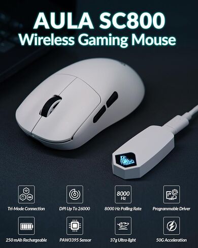 Aula SC800 Mouse Wireless Gaming Mouse ، 26000 dpi القابل للتعديل ، و 37 جرامًا ، الماوس الخفيف للغاية ، ومستشعر PAW3395 ، ومعدل الاقتراع 8 كيلو هرتز ، وأزرار قابلة للبرمجة ، و MODE TRI-MODE BT5.0/2.4G/USB-C للاعبين (Black) in Saudi Arabia