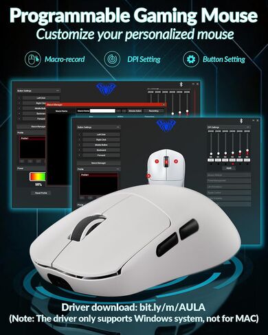 Aula SC800 Mouse Wireless Gaming Mouse ، 26000 dpi القابل للتعديل ، و 37 جرامًا ، الماوس الخفيف للغاية ، ومستشعر PAW3395 ، ومعدل الاقتراع 8 كيلو هرتز ، وأزرار قابلة للبرمجة ، و MODE TRI-MODE BT5.0/2.4G/USB-C للاعبين (Black) in Saudi Arabia