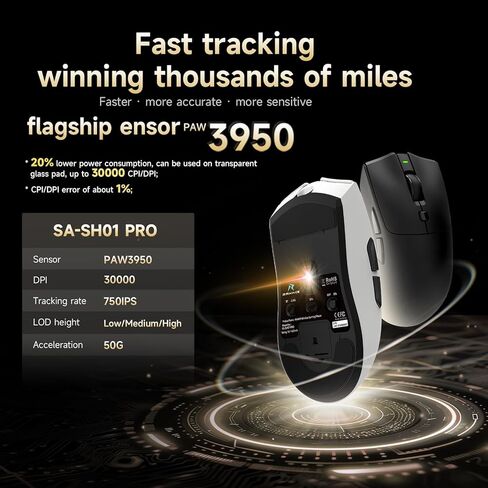 RAWM SH01PRO 8K Wireless Gaming Mouse, 55g Lightweight, PAW3950 30K DPI Optical Sensor, 8000 Polling Rate, Esports & FPS Gaming mice, Dual Receiver (1k USB Receiver and 8k dongle) in Kuwait