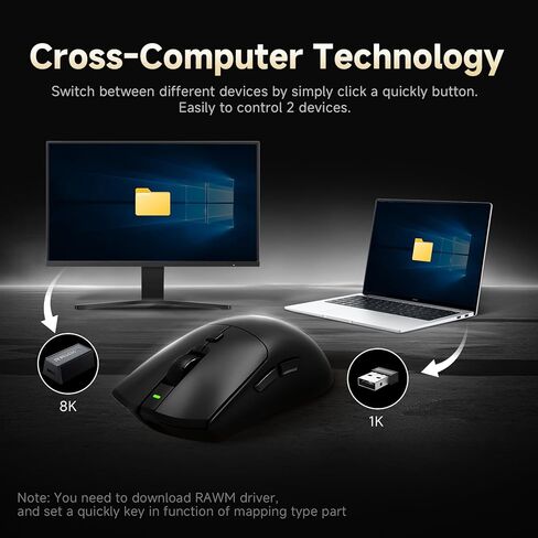 RAWM SH01PRO 8K Wireless Gaming Mouse, 55g Lightweight, PAW3950 30K DPI Optical Sensor, 8000 Polling Rate, Esports & FPS Gaming mice, Dual Receiver (1k USB Receiver and 8k dongle) in Kuwait