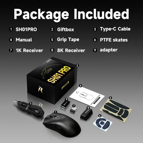 RAWM SH01PRO 8K Wireless Gaming Mouse, 55g Lightweight, PAW3950 30K DPI Optical Sensor, 8000 Polling Rate, Esports & FPS Gaming mice, Dual Receiver (1k USB Receiver and 8k dongle) in Kuwait