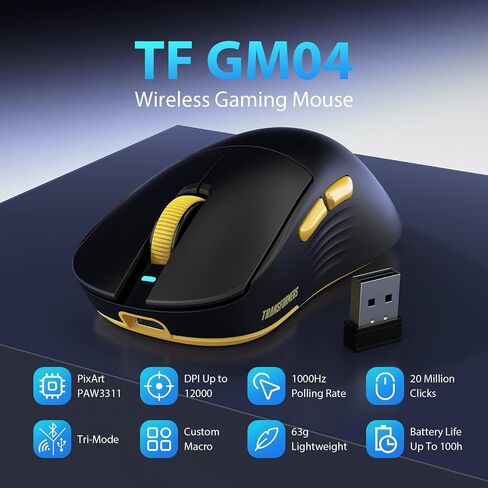 Transformers GM04 63g Lightweight Wireless Gaming Mouse, 12000 DPI, PAW3311 Sensor, 100h Battery Life, 2.4G/USB-C/Bluetooth Wireless Mouse with 5 Programmable Buttons for PC/Mac/Laptop(Black) in Saudi Arabia
