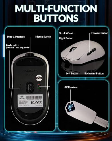 Aula SC800 Mouse Wireless Gaming Mouse ، 26000 dpi القابل للتعديل ، و 37 جرامًا ، الماوس الخفيف للغاية ، ومستشعر PAW3395 ، ومعدل الاقتراع 8 كيلو هرتز ، وأزرار قابلة للبرمجة ، و MODE TRI-MODE BT5.0/2.4G/USB-C للاعبين (Black) in Saudi Arabia