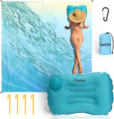 بطانية شاطئية ، حصيرة شاطئية مقاومة للرمال مع حصص ووسادة تخييم قابلة للنفخ ، 79 "× 83" تجفيف سريع ودائم في الهواء الطلق مع 4 جيوب زاوية للتخييم على الشاطئ in Kuwait