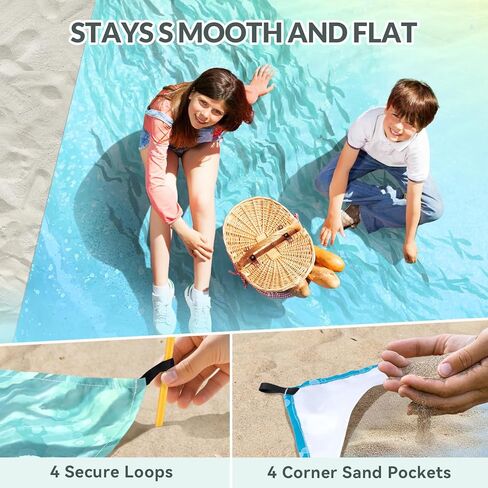 بطانية شاطئية ، حصيرة شاطئية مقاومة للرمال مع حصص ووسادة تخييم قابلة للنفخ ، 79 "× 83" تجفيف سريع ودائم في الهواء الطلق مع 4 جيوب زاوية للتخييم على الشاطئ in Kuwait