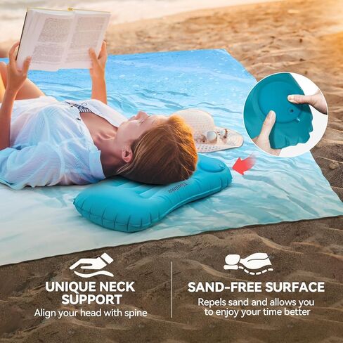 بطانية شاطئية ، حصيرة شاطئية مقاومة للرمال مع حصص ووسادة تخييم قابلة للنفخ ، 79 "× 83" تجفيف سريع ودائم في الهواء الطلق مع 4 جيوب زاوية للتخييم على الشاطئ in Kuwait