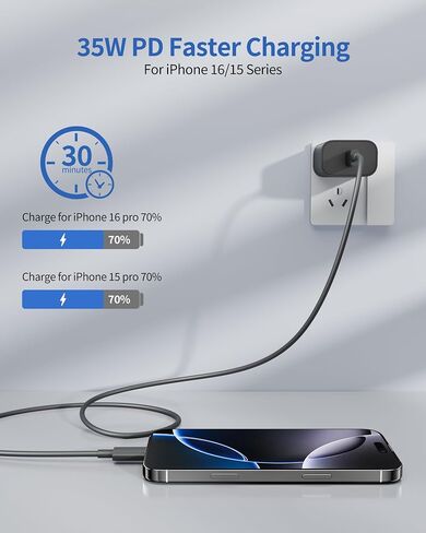 for iPhone 16/15 Pro Charger Fast Charging, 2-Pack 35W USB C Super Fast Wall Charger Block with 2Pack 10FT Long Type C Cable for iPhone 16/15 Pro Max/Plus/16e, iPad Pro/Air/Mini, MacBook Air in Kuwait