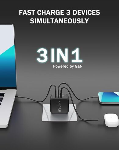 Welink 100W USB C Charger ، GAN PPS 3-PART FAST FASTER COMPACT USB C Charger Block لـ MacBook و iPad Pro و Galaxy S24 و iPhone 16/15 والمزيد in Saudi Arabia