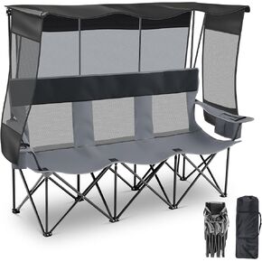 Teenyyou 3 Person Camping Chair with Canopy Shade - Oversized Beach Chair with UV Sun Protection, Heavy Duty 770 Lbs Folding Loveseat with 2 Cup Holders & Carry Bag for Outdoor Lawn Beach(Blue Gray) in Kuwait