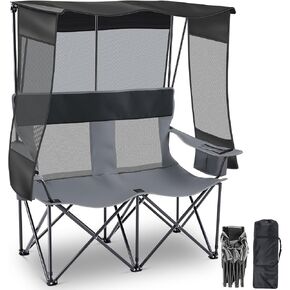 3 Person Camping Chair with Canopy Shade, Heavy Duty Folding Triple Camp Loveseat with Cooler Cup Holders Bag, Mesh Back Oxford Fabric Black Gray for Outdoor Beach Fishing Backyard Travel in Saudi Arabia
