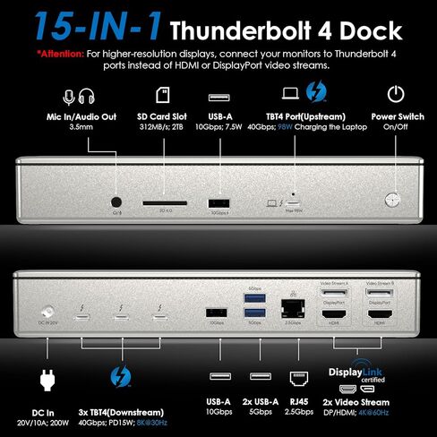 Wavlink Thunderbolt 4 Dock مع شحن 100 واط ، شاشة عرض Displaylink Quad 4K@60Hz ، 3 منافذ Thunderbolt 4 ، 2.5G Ethernet ، Thunderbolt Dock لـ Mac M1-M4 و PC ، برنامج تشغيل DisplayLink مطلوب in Kuwait