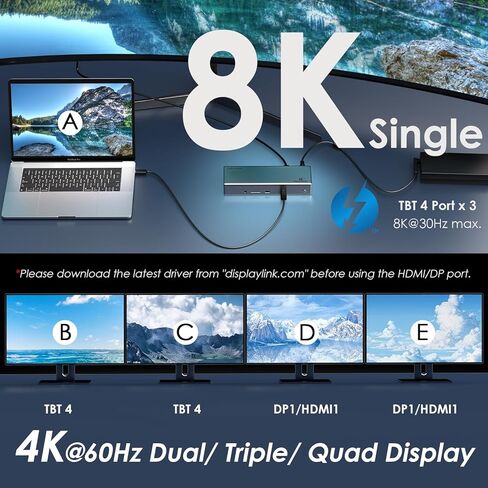 Wavlink Thunderbolt 4 Dock مع شحن 100 واط ، شاشة عرض Displaylink Quad 4K@60Hz ، 3 منافذ Thunderbolt 4 ، 2.5G Ethernet ، Thunderbolt Dock لـ Mac M1-M4 و PC ، برنامج تشغيل DisplayLink مطلوب in Kuwait