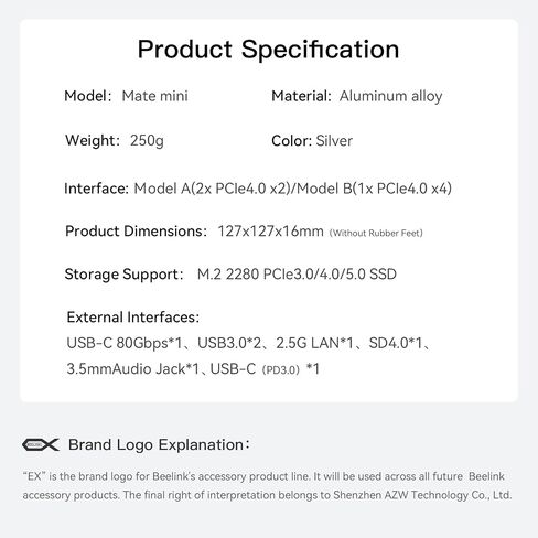 MATE MINI-A لـ MAC MINI M4 Dock ، 80 جيجابت في الثانية من سبيكة الألومنيوم مع M.2 PCE SSD Solts 16tb （8tb*2 ، USB-C*1 、 USB-A 3.0*2、2.5G LAN*1 、 SD4.0*1 、 type-C (pd3.0)*1 ، Silver in Kuwait