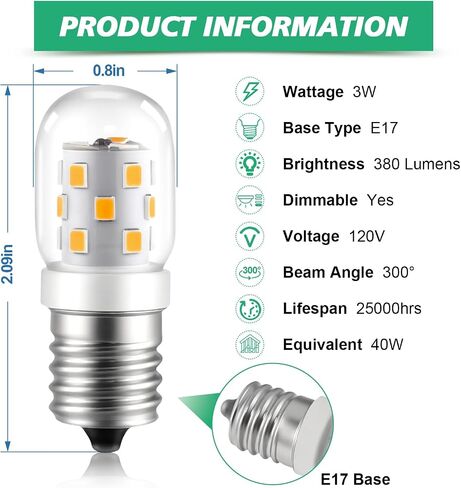 KEIVO LED Microwave Light Bulbs Under Hood, 3W 380LM, E17 LED Bulb Dimmable, Warm White 3000K, 40W Equivalent LED Appliance Bulb for Over Stove, 2-Pack in Saudi Arabia