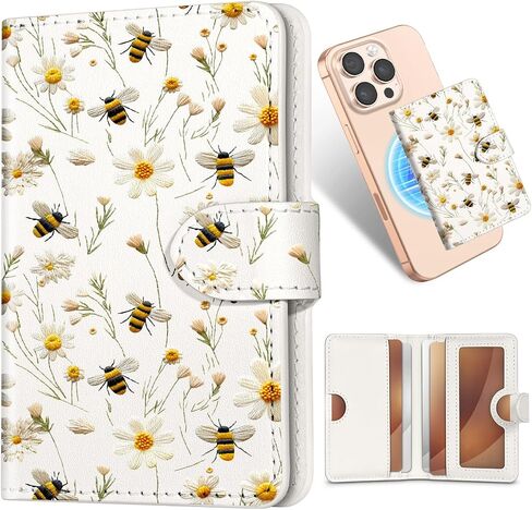 Shorogyt for Magnetic Phone Wallet Compatible with Magsafe for Women - Cute Luxury Slim Leather Card Holder Mag Wallets Fit 4 Cards,for iPhone 16/15/14/13/12 Series for Apple RFID Magnet, Floral Bee in Kuwait
