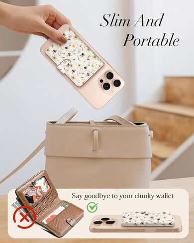 Shorogyt for Magnetic Phone Wallet Compatible with Magsafe for Women - Cute Luxury Slim Leather Card Holder Mag Wallets Fit 4 Cards,for iPhone 16/15/14/13/12 Series for Apple RFID Magnet, Floral Bee in Kuwait