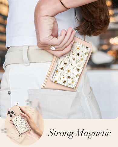 Shorogyt for Magnetic Phone Wallet Compatible with Magsafe for Women - Cute Luxury Slim Leather Card Holder Mag Wallets Fit 4 Cards,for iPhone 16/15/14/13/12 Series for Apple RFID Magnet, Floral Bee in Kuwait